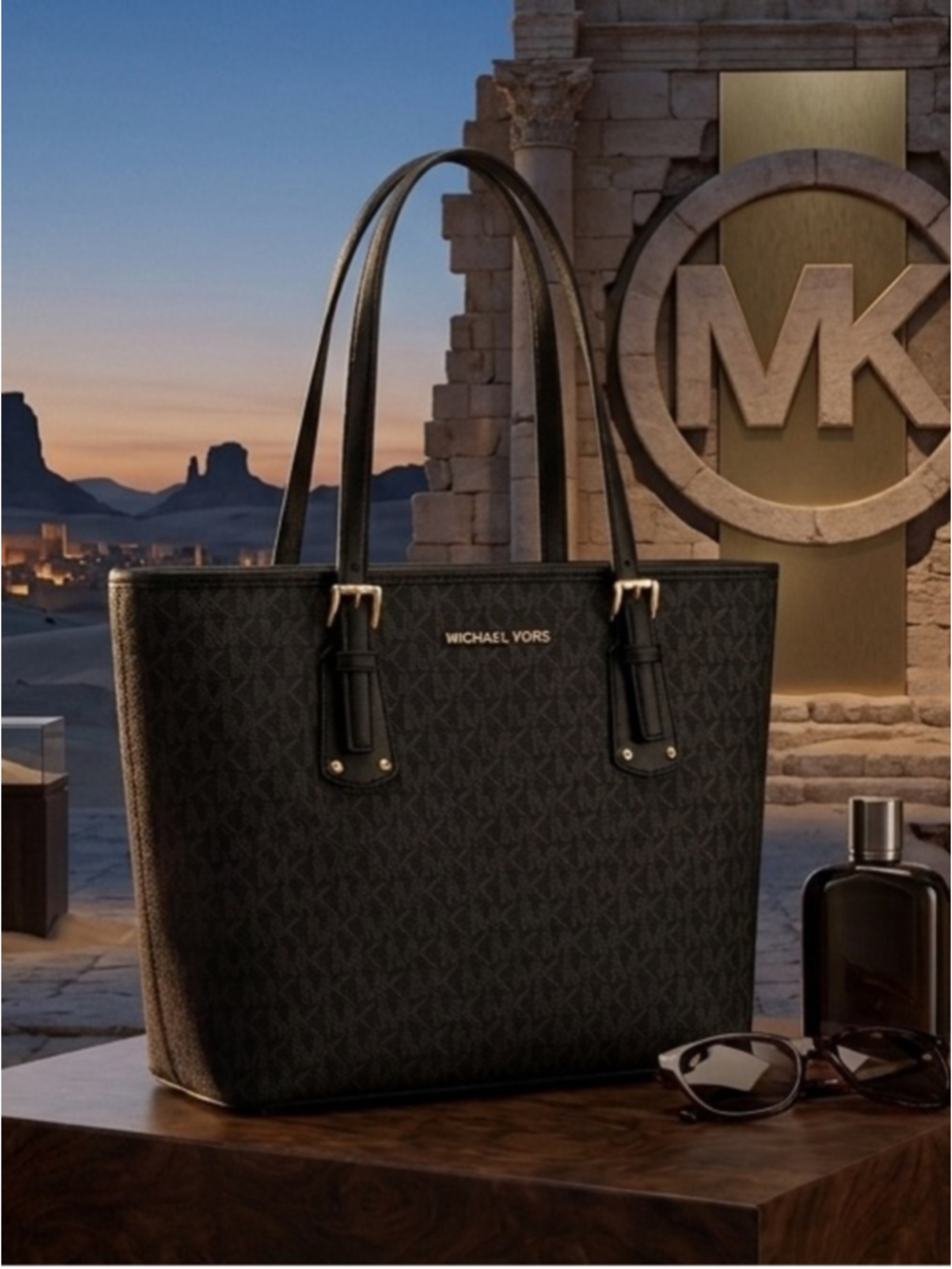 Michael Kors Black MK Logo Tote with Gold-Tone Accents